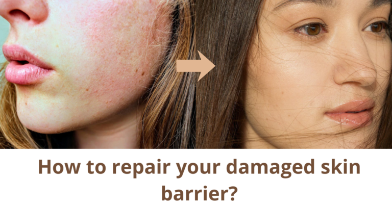 Before and after illustration showing how to repair a damaged skin barrier with irritated skin healing to healthy skin